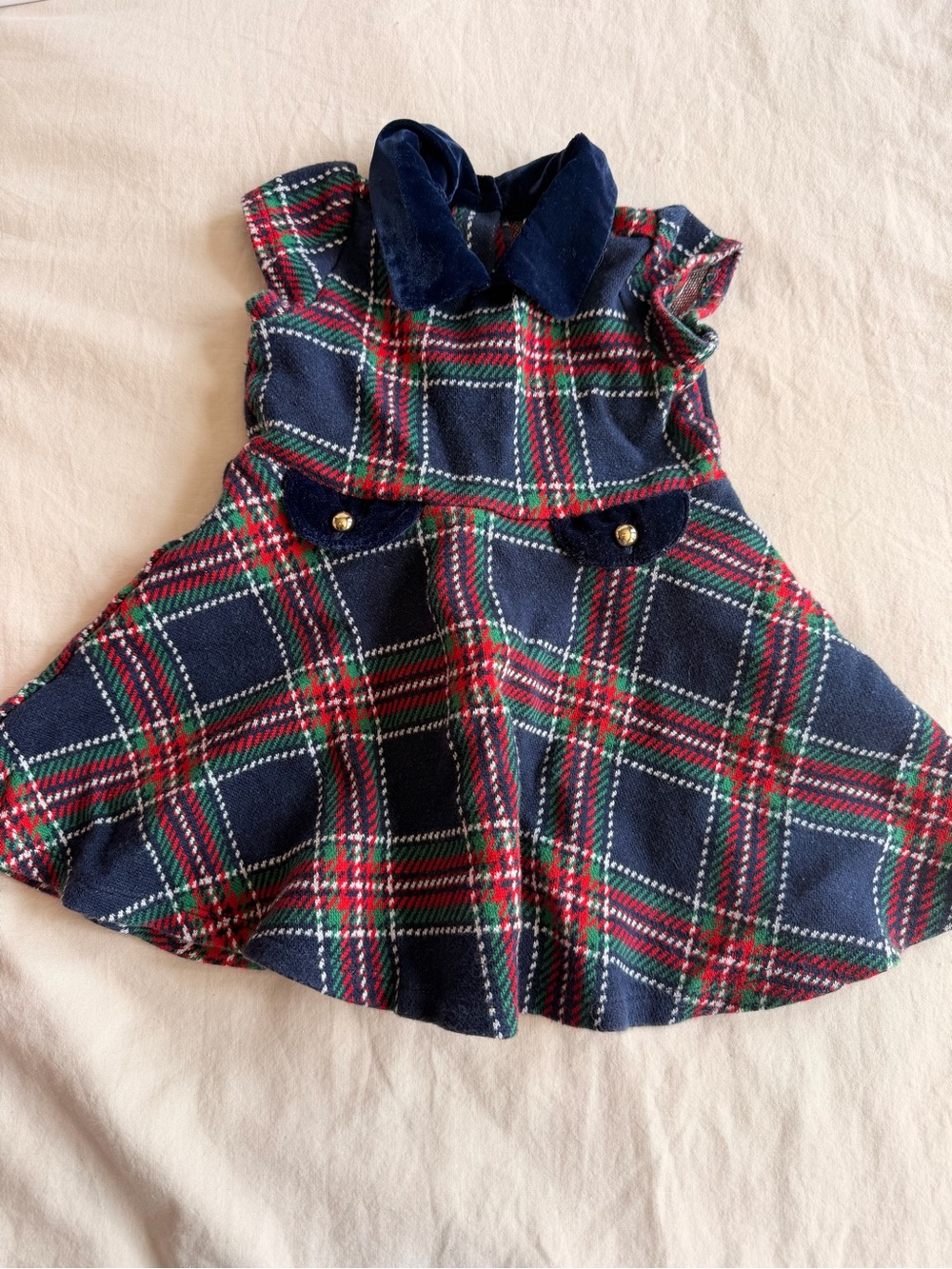 Janie and Jack Navy Blue Red Green Plaid Velvet Collar Dress